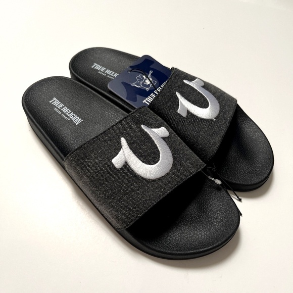 NWOB TRUE RELIGION Men Embroidered Fabric Sandal Slide Slate Gray - Picture 4 of 9